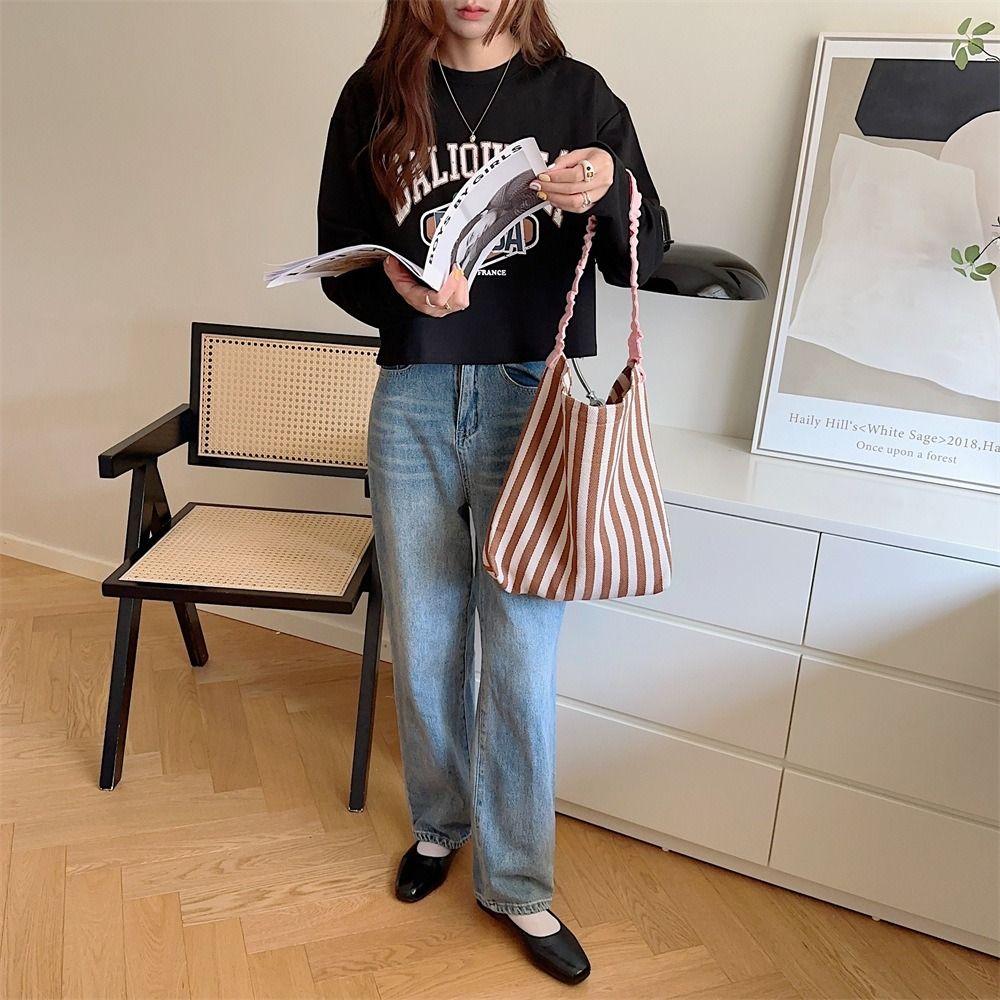 Large Capacity Stripe Canvas Bag Print Cloth Shoulder Bag Simple Tote Bag Travel