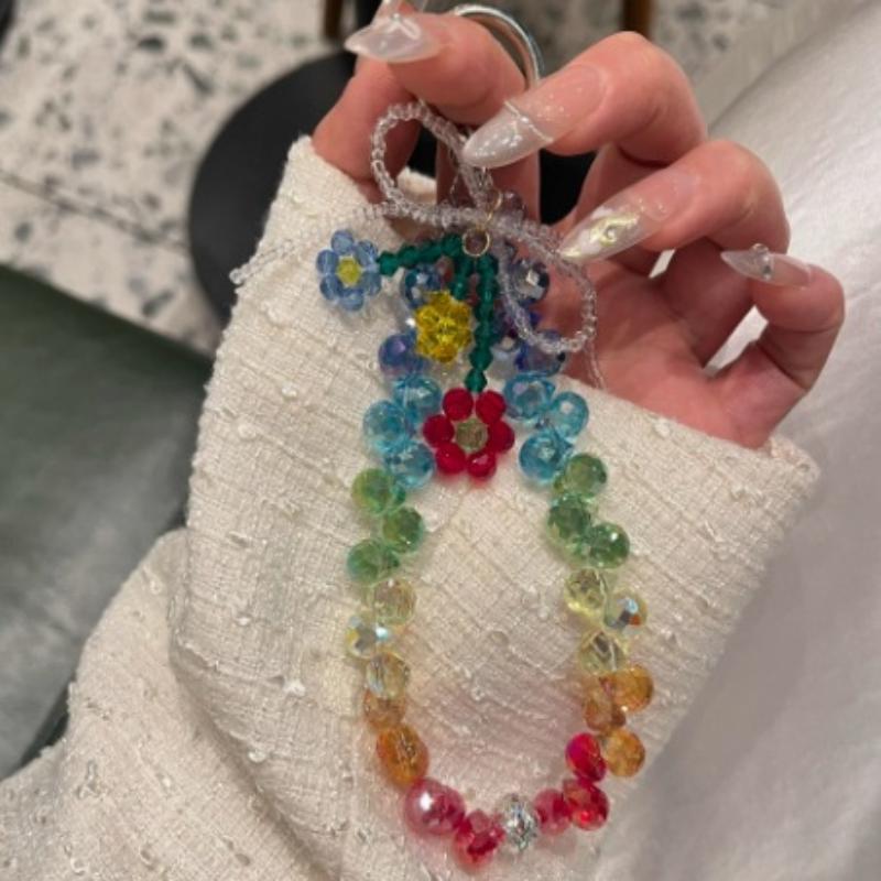 Flower Crystal Mobile Phone Pendant Chain Short Hand-Held Luxury Accessory Colored Design
