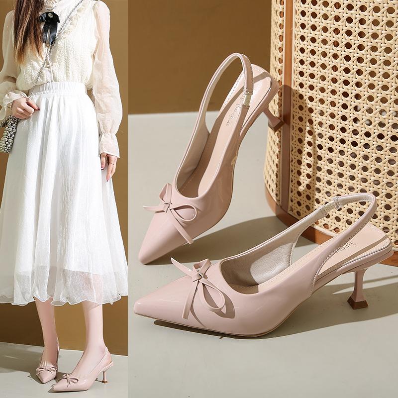 Premium French temperament nude pointed bow light mouth high heel sandals women's 2025 summer new empty sandals