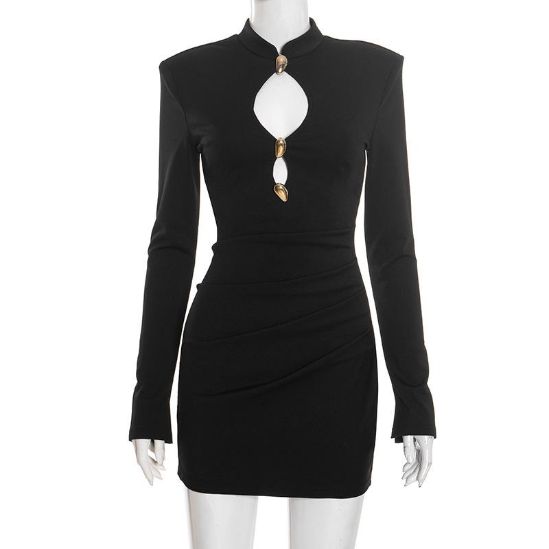 

Elegant Slim Fit Gold Trim Long Sleeve Round Neck Dress for Women - Autumn/Winter Collection L
