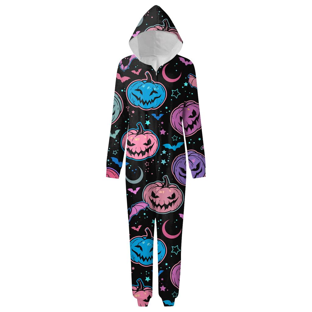 Halloween Printed Family Matching Hooded Long Sleeved Zippered Hooded  Jumpsuit Set