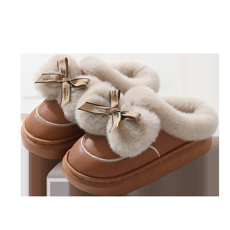 Wasserdichte Leder-Schleifen-Hausschuhe für Damen - Niedlich, flauschig, Baumwoll-Hausschuhe mit dicker Sohle
