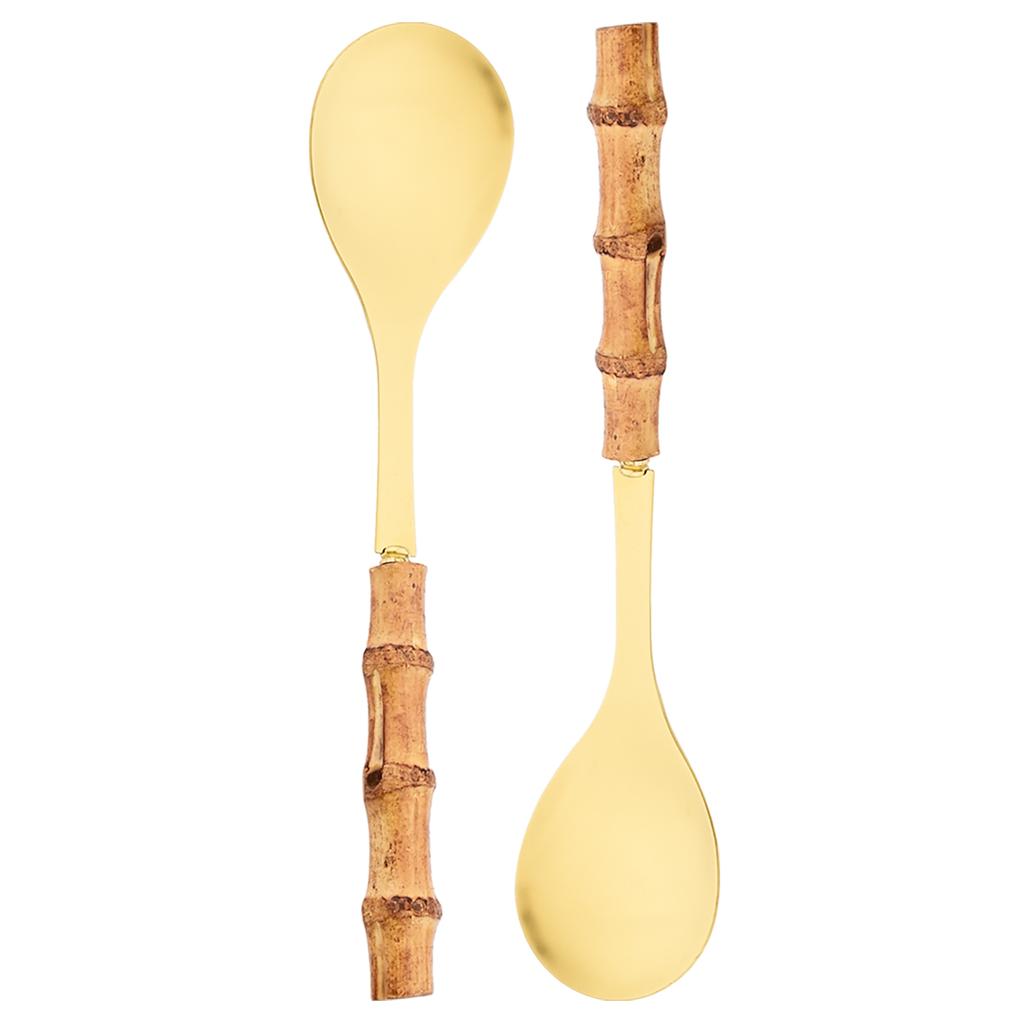 2Pcs/set Bamboo Wooden Handle Big Leaky Spoon Stainless Steel Tableware Long Handle Serving Spoon Fork Kitchen Cutlery Set