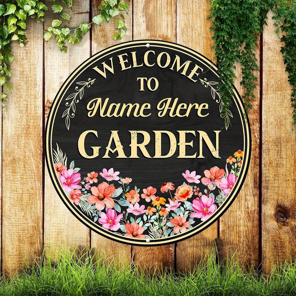 Customizable Name Text Flower Garden Round Aluminum Sign 8x8 Inch Rustic Outdoor Plaque