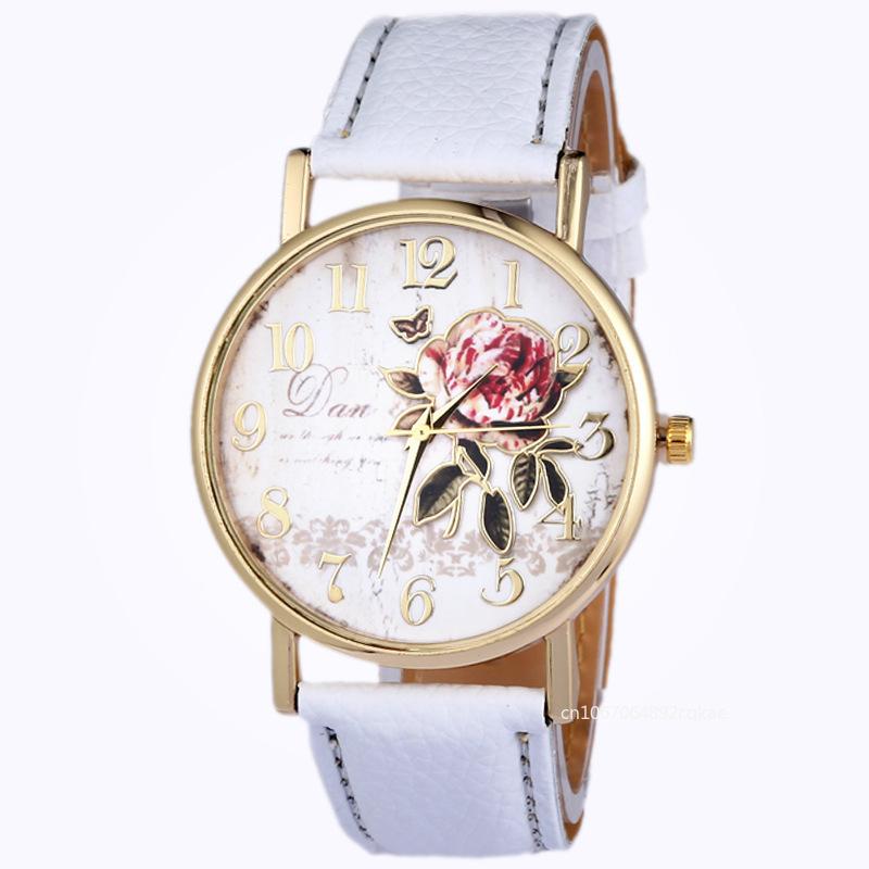 Rose Blume Runde Dia Uhr Frauen Elegante Uhren Faux Leder Band Arabische Zahl Quarz Armbanduhr Montre Femme Weihnachten Geschenk