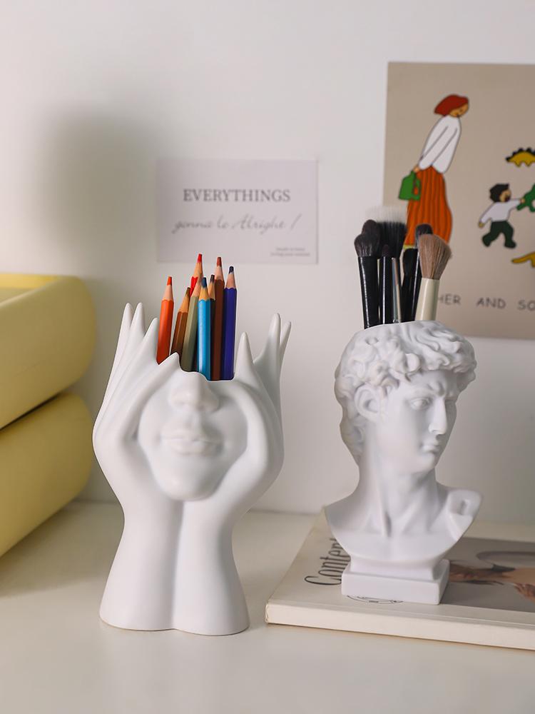 2Pc: Art Flower Pot Multi Functional Makeup Brush Storage Pen Holder David Statue Resin Vase Desktop Storage Home Decoration