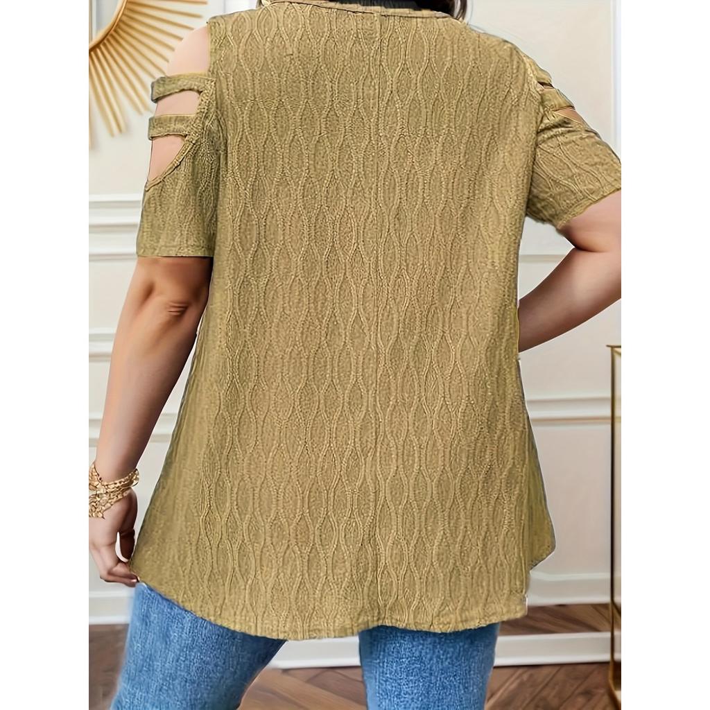Women's Solid Color Off-shoulder Short-sleeved Zippered V-neck Loose T-shirt