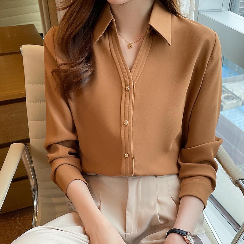 2026 Spring Women's Satin Long Sleeve Shirt with Metal Buckle – Elegant, Slimming Chiffon Design