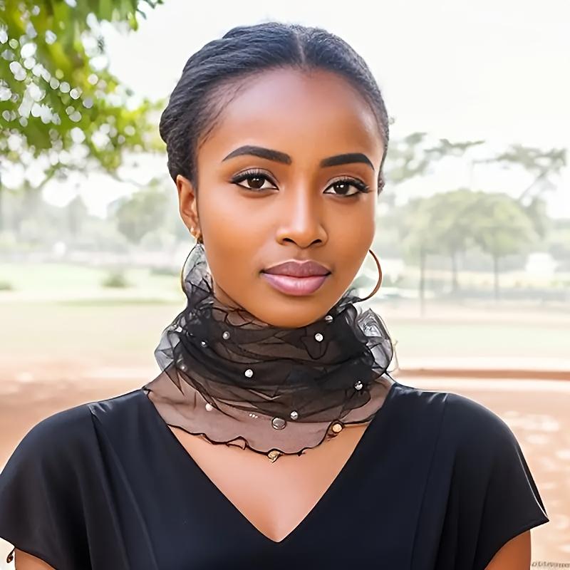 Fashionable Four-Season Nylon Mesh Scarf Adorned with Lace And Pearl Decorations, Providing Lightweight And Transparent Neck Protection.