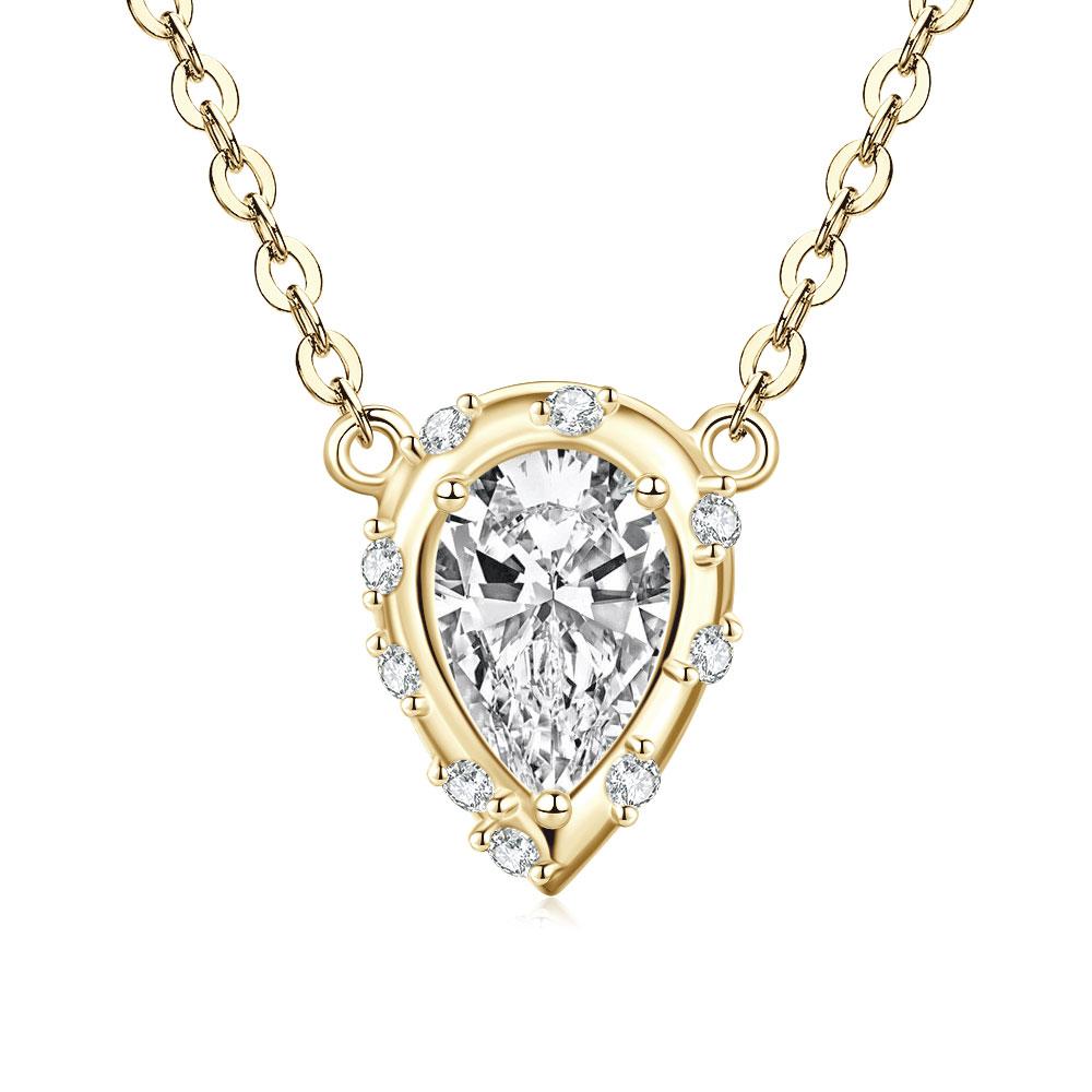 Trendy Elegant Shiny Gold Plated 6x9mm Pear & Round Cubic Zirconia V-Neck Collarbone Chain Teardrop Pendant Necklace for Women
