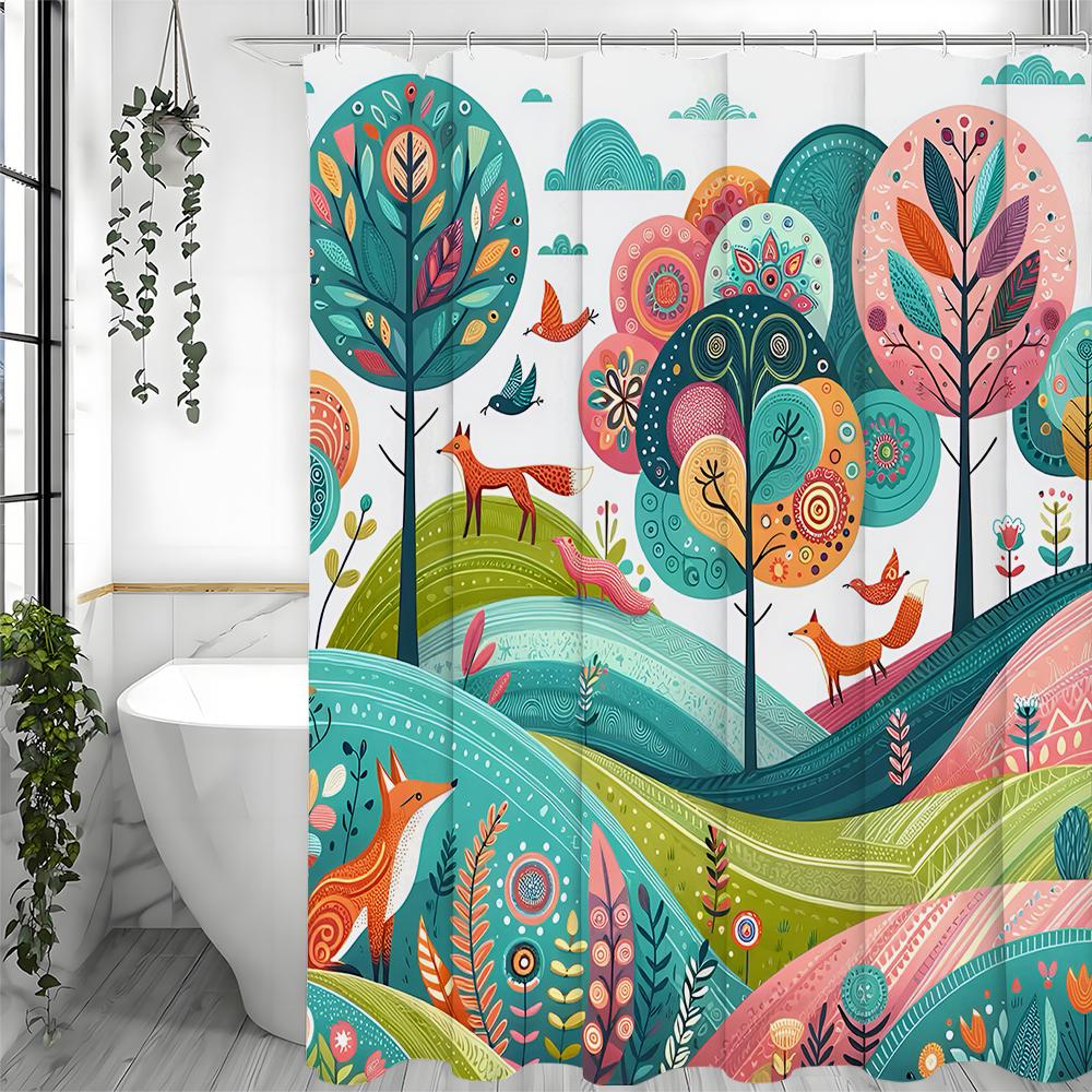 Cartoon Illustration Mountains and Trees Fox Birds Flowers and Plants Shower Curtain, Bathroom Decorative Shower Curtain, Waterp
