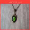 Gothic Bronze Pendant Necklace With Green Stone And Cross Chain For Women