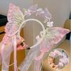 Princess Butterfly Ribbon Pearls Headband for Pageant Prom Headwear Elegant Hairband Girl Headpiece Photo Props