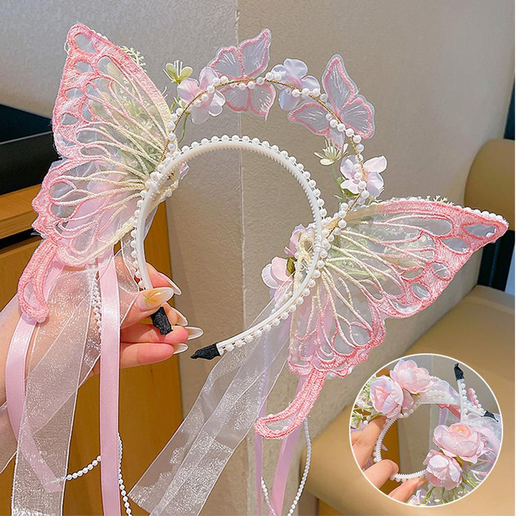 Princess Butterfly Ribbon Pearls Headband for Pageant Prom Headwear Elegant Hairband Girl Headpiece Photo Props