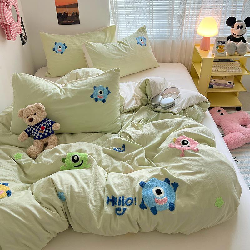 Håndkle Brodert Laken Dynetrekk Seng 4 stk Sett Vasket Bomull Student Tredelt Sett Sengetøy