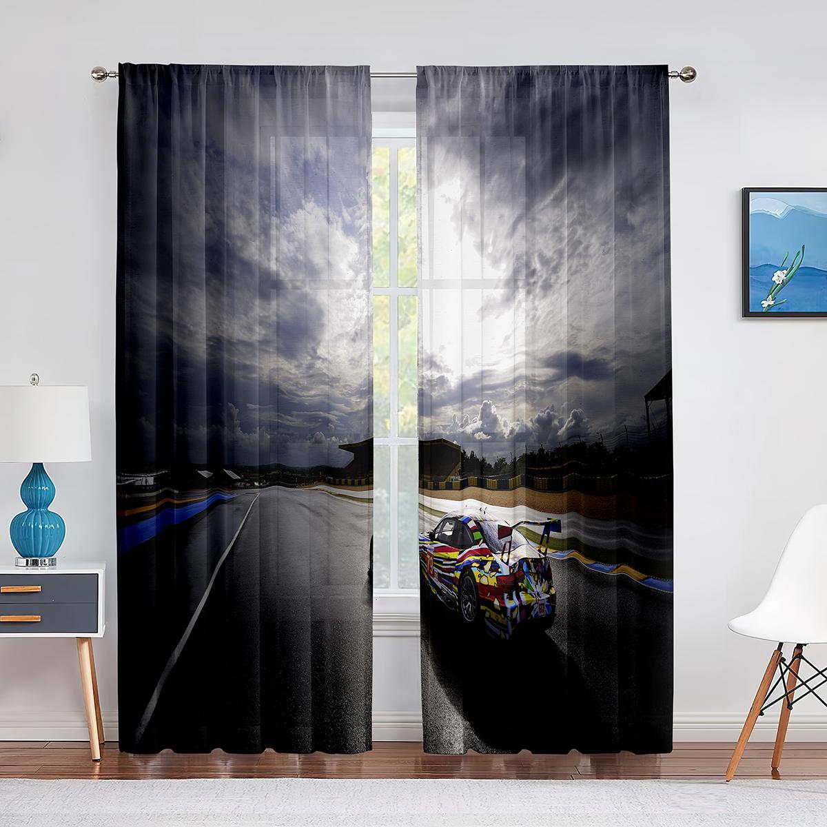 Тюлевые шторы со спортивным автомобилем и американским флагом для спальни — фото 9
