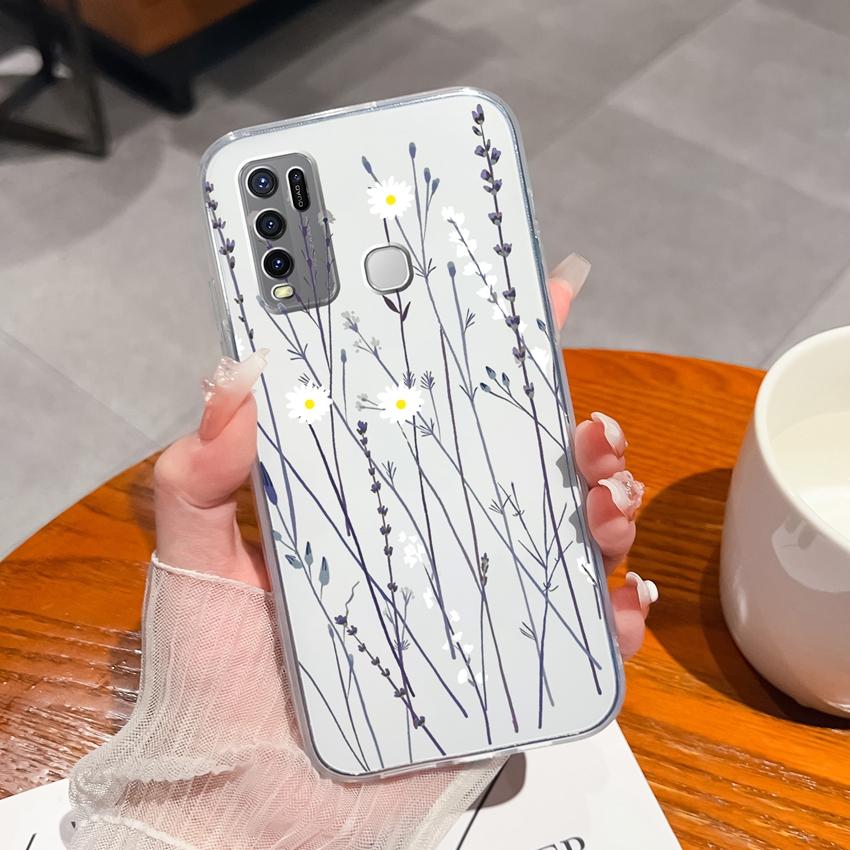 For Vivo Y91C Y67 Y91 Y75 Y78 Y50 Y73 Y55 Phone Casing Beautiful Black Flowers Patterns Transparent Silicone Shockproof Protective Shell For Vivo Case