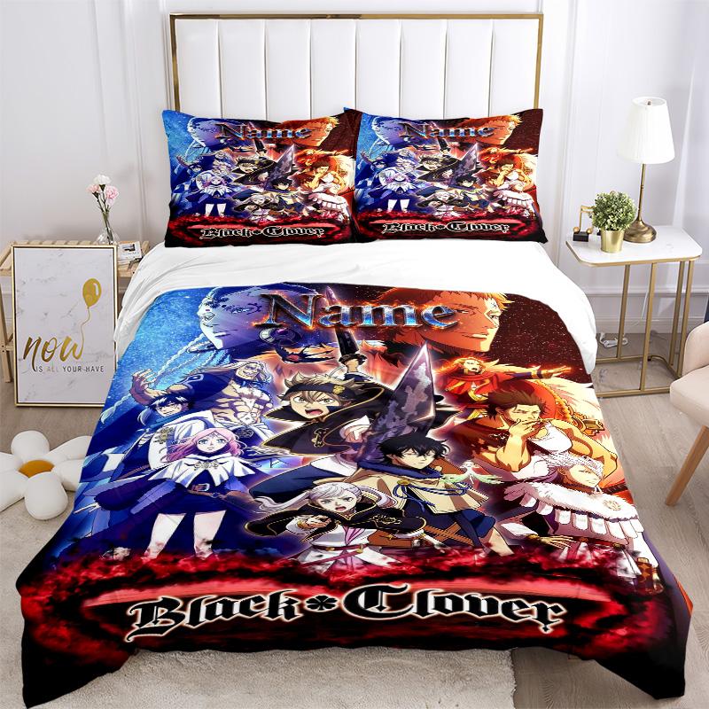 Custom Name Black Clover Bedding 3 Piece Set HD Print Duvet Cover Pillowcases for Teens Adult Bedroom Decoration Christmas Gift