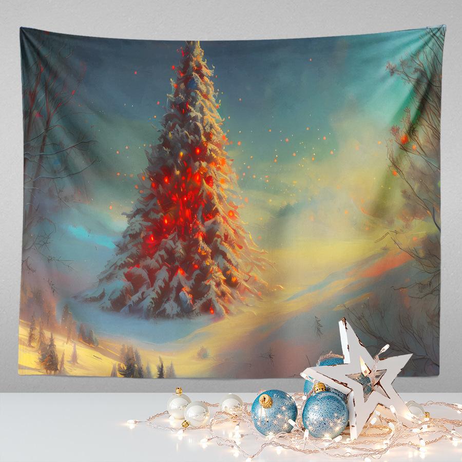 Amazon Festive Hanging Cloth Christmas Background Cloth Printed Cartoon Christmas Tree Snowman Tapestry