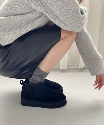 Oriental Traffic Fashion Boots, Short Sheepskin Boots with Thick Soles and Fur, Warm and Lightweight, Black, Size 24.0-24.5 cm