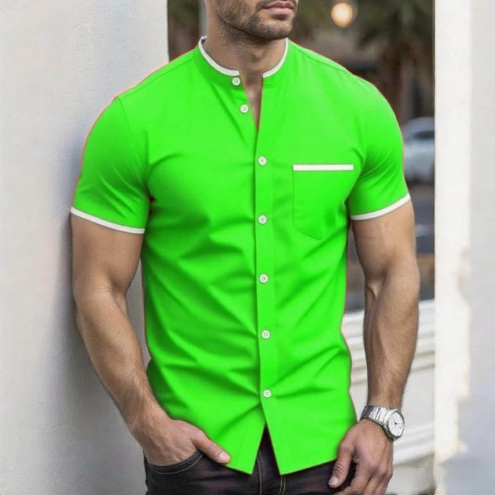 New Men Summer Short Sleeve Fashion Stand Collar Shirt Men Pure Color Casual Shirt
