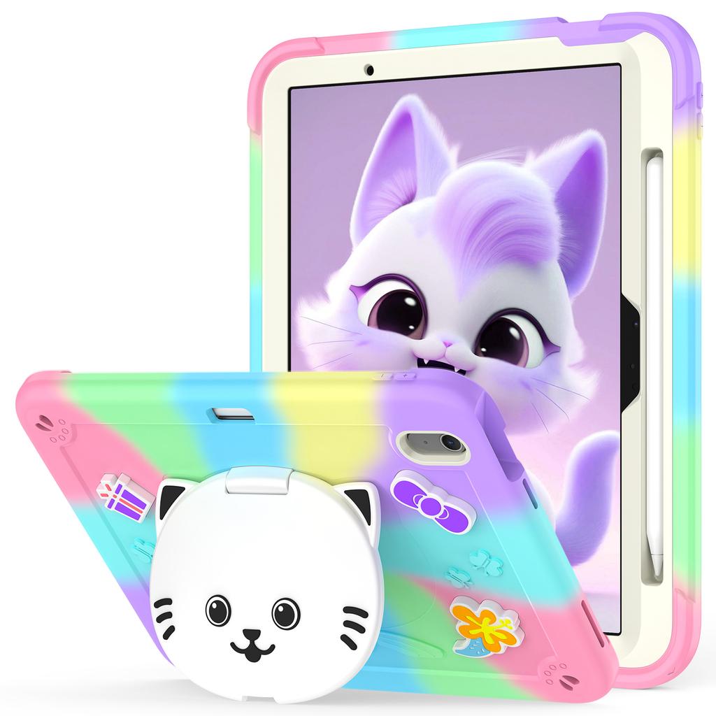 For iPad Air 11 (2025)/(2024) Case with Cat Kickstand PC + Silicone Colorful Tablet Cover