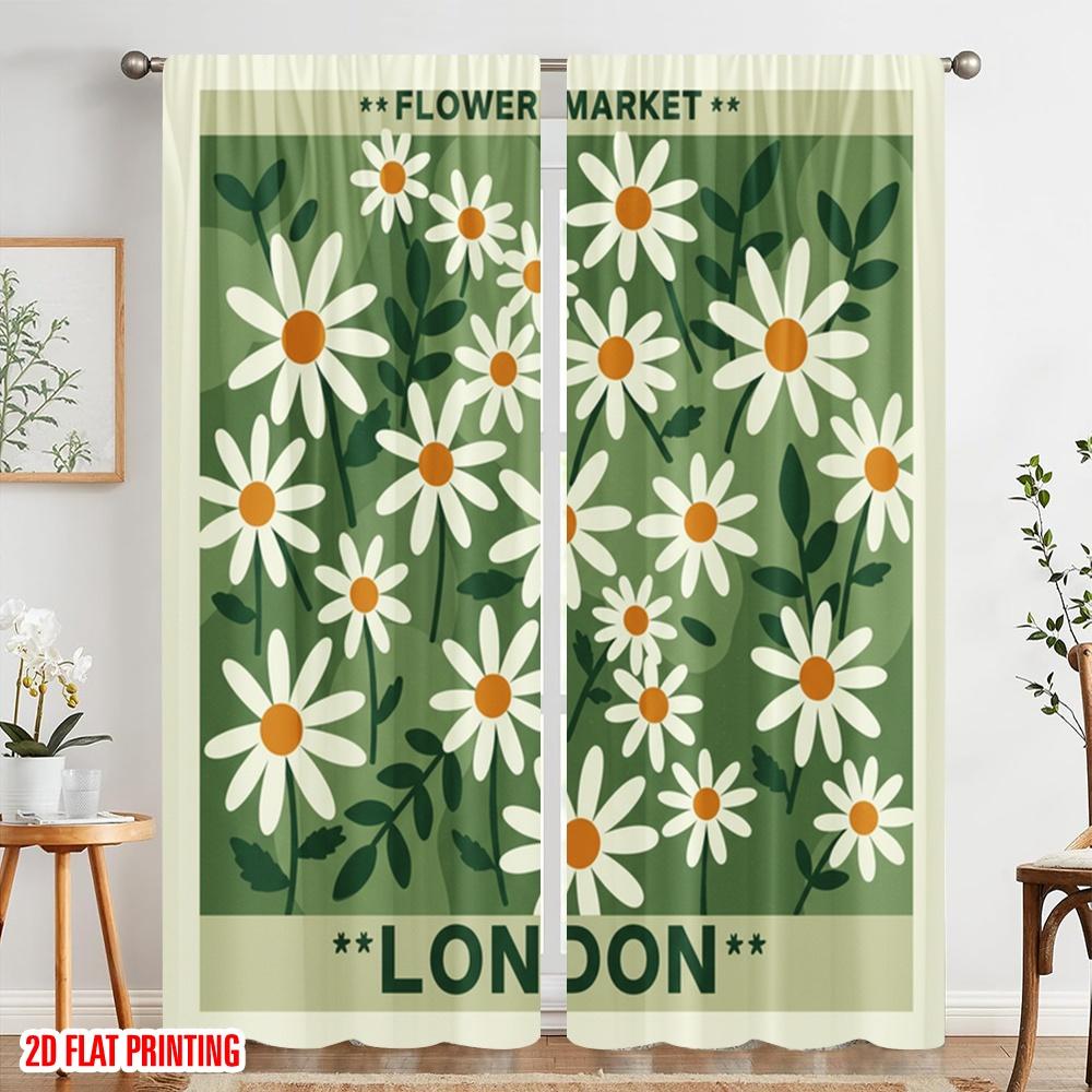 2pcs 2D flat printing Curtains Flower Market London Daisies Polyester Without Electricity 0 Perfect for Entryway Room Parties
