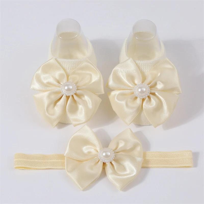 Baby Pearl Bow Solid Color Floor Socks Newborn Infant Knitted Breathable Socks Sweet Cute Girls Princess Children Birthday Gifts