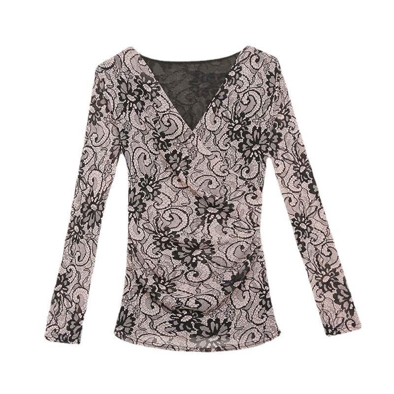 Retro Mesh Base Shirt for Women with Cross V-neck Fashionable Long-sleeved T-shirt Shirt Slim-fitting Dance Top