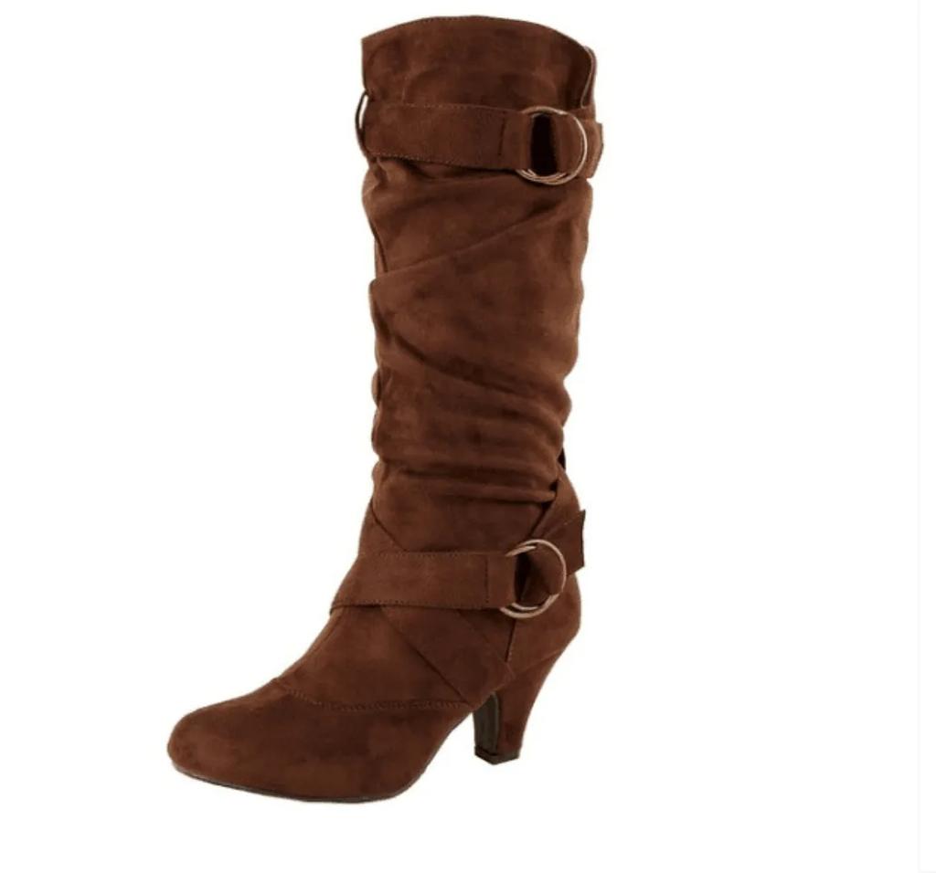 Women Boots Plus Size Med Square Buckle Strap Heel Round Toe Knee-High Shoes Winter Boot