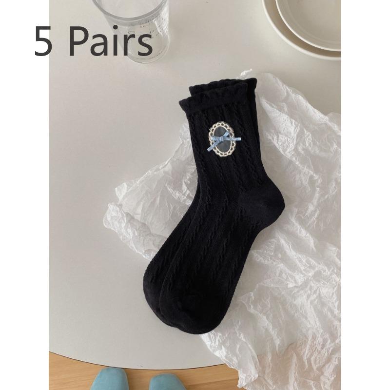 5 Pairs of Women's Summer Mesh Breathable Twist Bow Mid Tube Socks