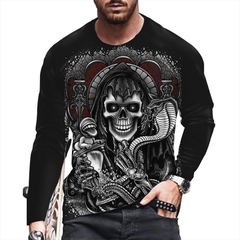 Autumn Winter Men's Christmas Pullover Long Sleeve Top Loose Fit Spring Skeleton Youth Men Round Neck Casual T-shirt