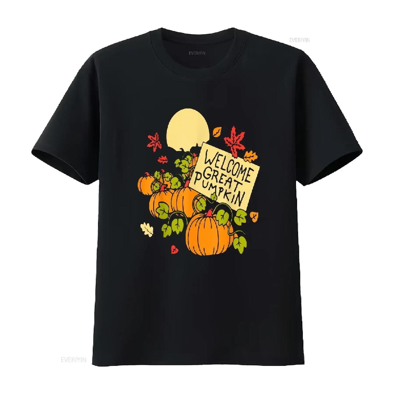 

Welcome Great Pumpkin T Shirt vintage Washed Comfortable homme Soft streetwear graphic fashion Versatile Stretched Breathable S чёрный