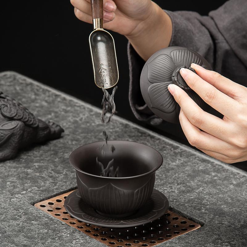 Yixing Purple Clay Covered Bowl, Single Tea Making Tea Bowl with Lid, Jingdezhen Large Sancai Ceramic Bowl Gaiwan