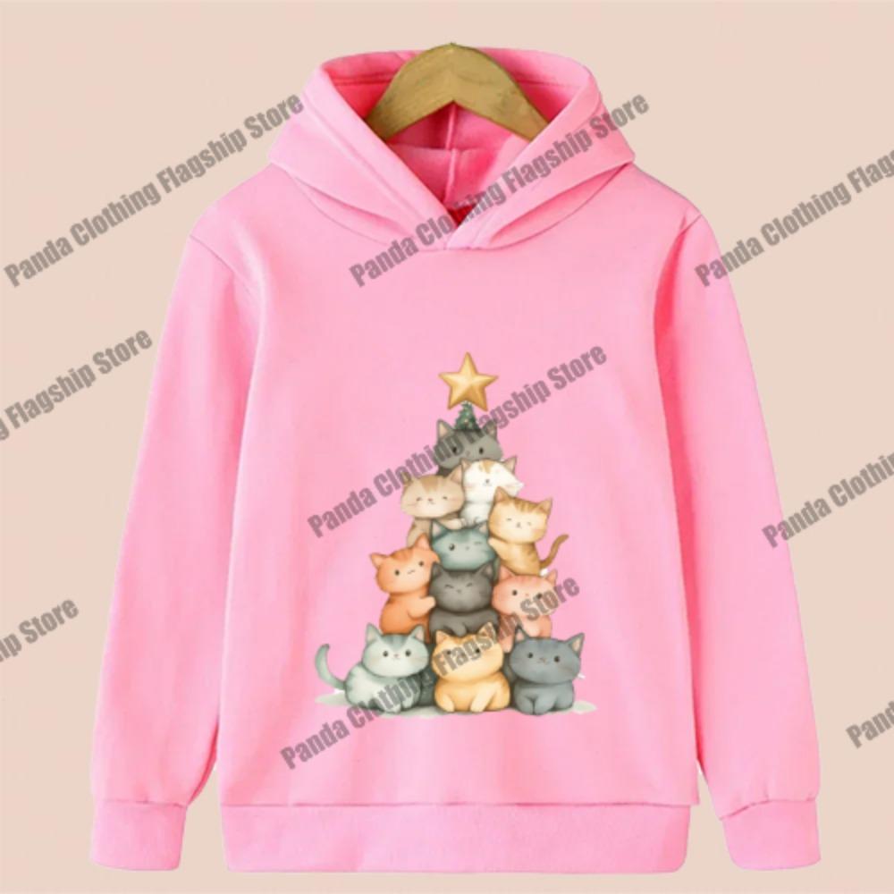 Christmas Children's Sports Hoodie with Christmas Cat Print, Simple Casual Sweatshirt for Boys and Girls, a Holiday Gift.