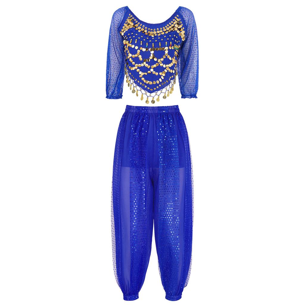 Womens Belly Dance Outfit Sequined Chiffon Top with Bloomers Pants Self Tie Back Design for Stage Performances