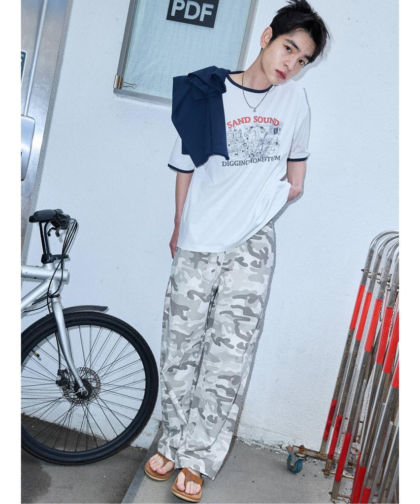 Saendeusaundeu (Unisex) Ringer Print Short Sleeve T-Shirt White