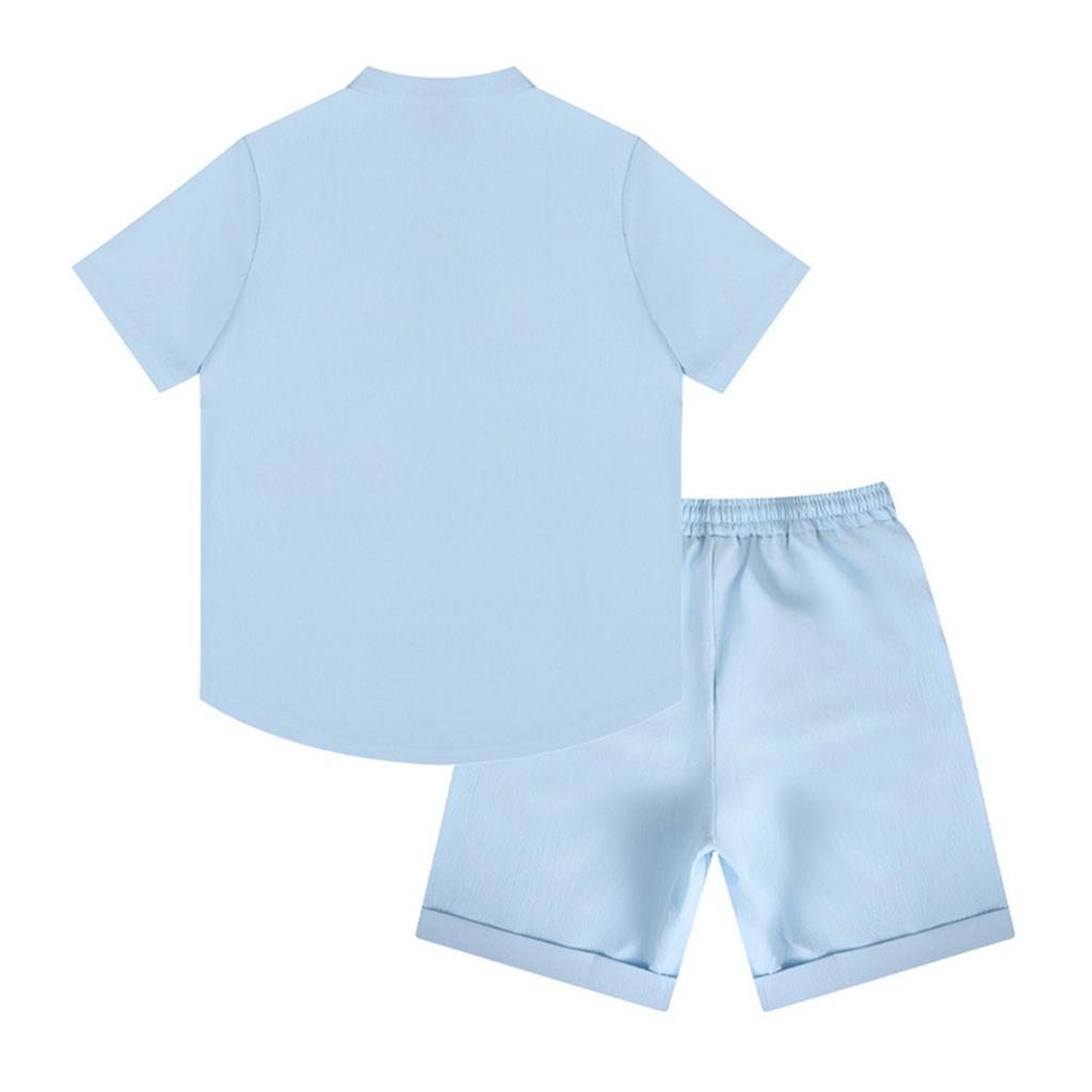 Men's Summer Solid Color Loose Short Sleeve Button Collar Top Shorts Set