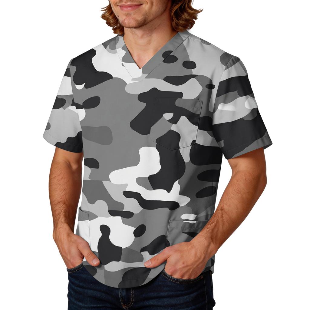Mens V Neck Scrub Top with Camouflage Print Short Sleeve Classic Fit Lightweight Breathable Uniform Shirt