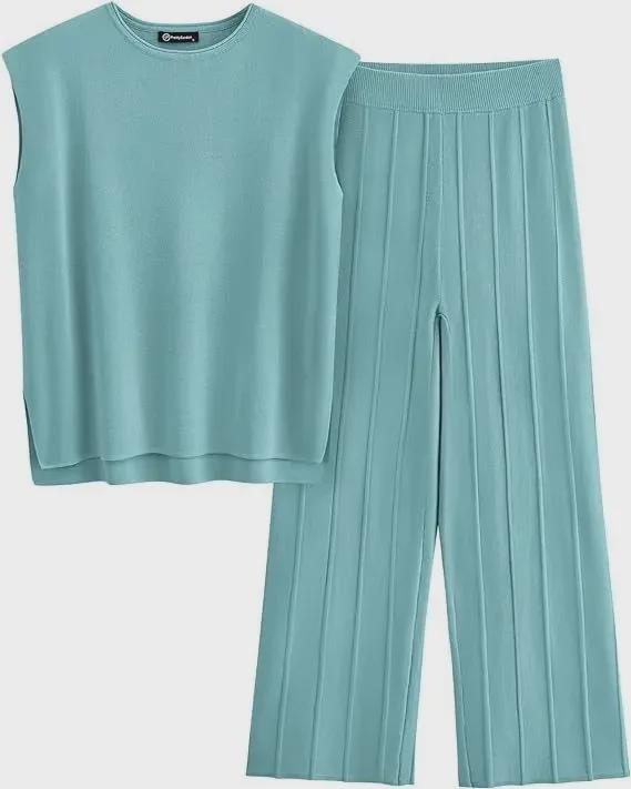 2025 European & American Women's Knit Casual Sleeveless Vest & Wide-Leg Pants Set