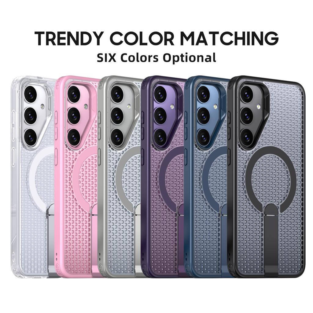 For Samsung Galaxy S25 Magnetic Case Kickstand Grid Texture TPU PC Phone Back Cover