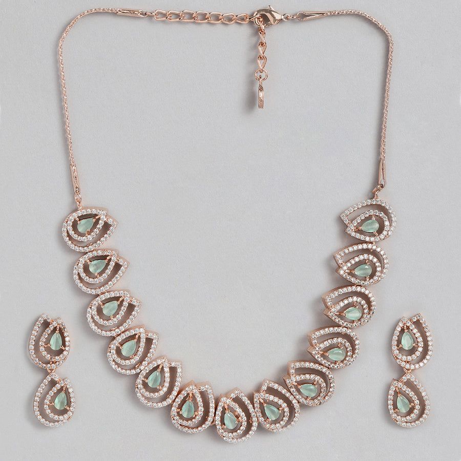 Estele Women's Shiny Rose Gold Zircon Mint Green Stone Necklace Set