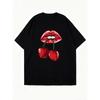Black Oversized T Shirt With Red Lips And Cherries Print For Casual Wear