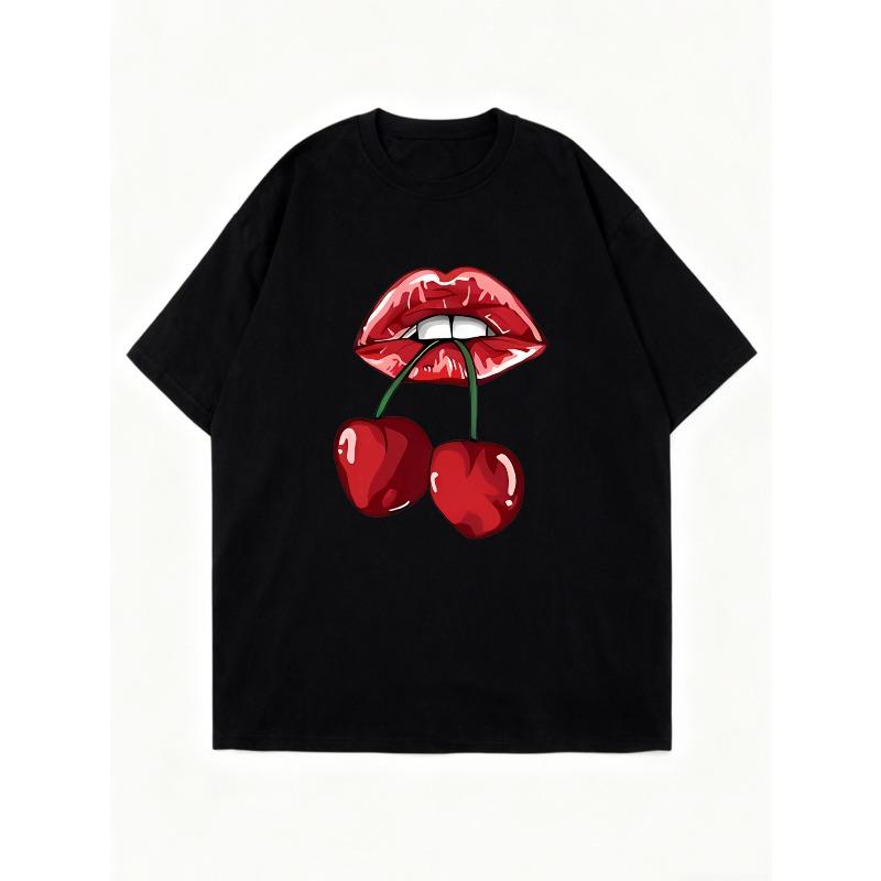 Black Oversized T Shirt With Red Lips And Cherries Print For Casual Wear