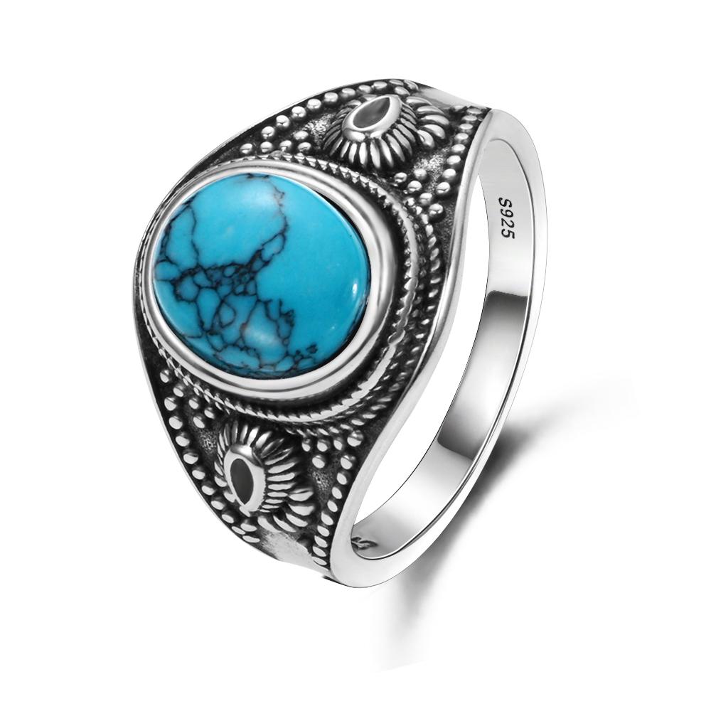 S925 Silver Oval Natural Turquoise Ring for Men and Women