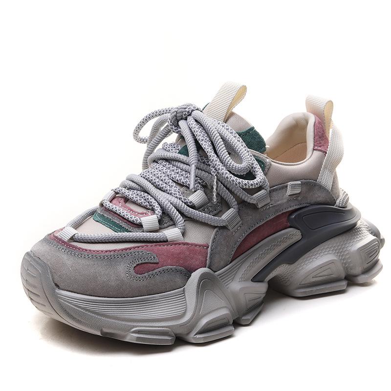 2024 Women's Genuine Leather Thick-Soled Dad Shoes: New Color Matching, Versatile Casual Sports Sneakers for Autumn
