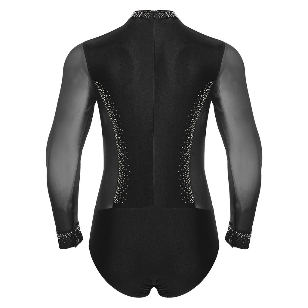 Mens Figure Skating Bodysuit Mock Neck Long Sleeve Sheer Mesh Patchwork Colorful Rhinestones Latin Dance Leotard