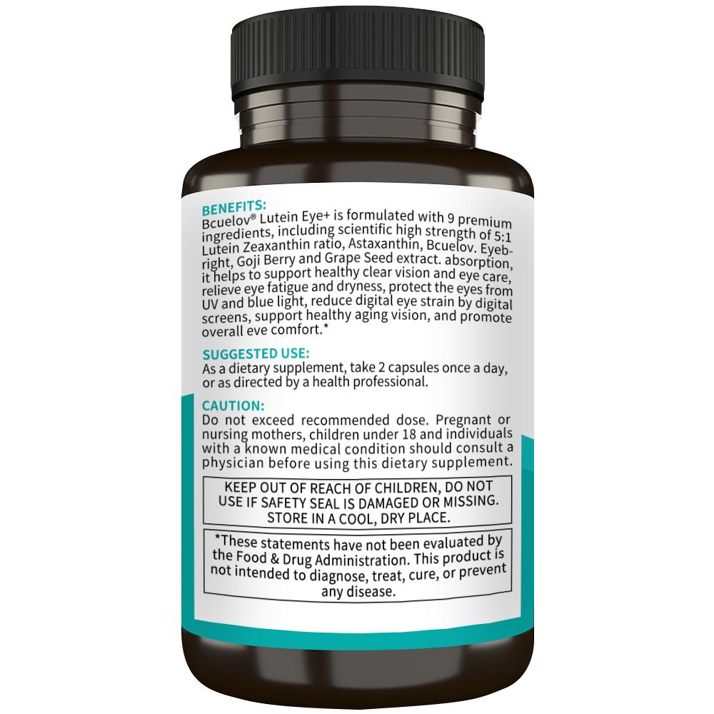 Bcuelov Lutein Eye+ Capsules, 9 Nutrients, Lutein 40mg, Zeaxanthin, Bilberry Eyebright, 120 Caps