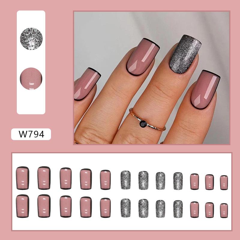 

Pink black hollow square flash sequins European and American ins style fake nails fashion wear