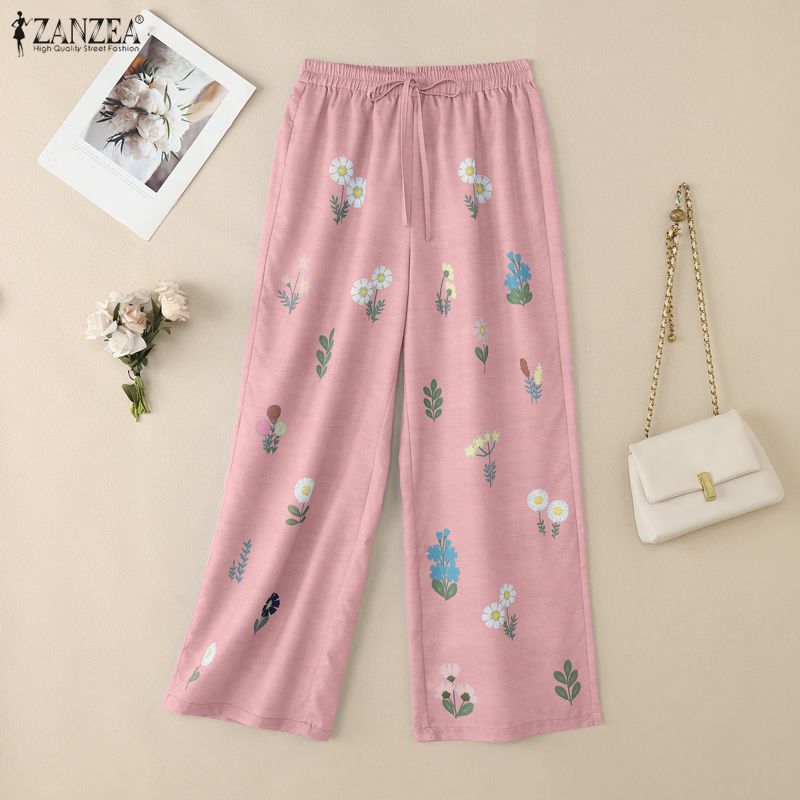 ZANZEA Women Casual Elastic Waist Loose Floral Print Pants